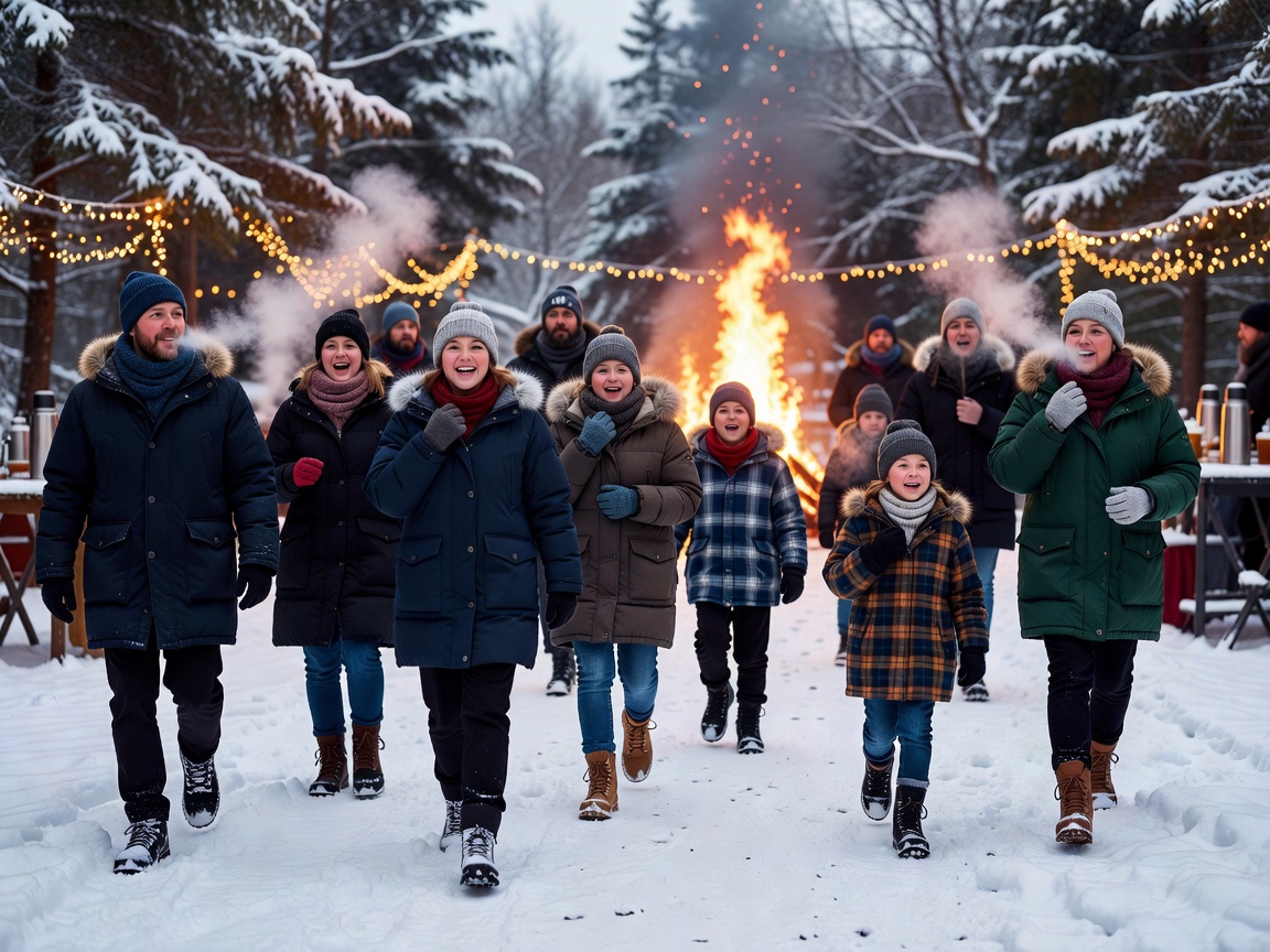 A group of people wrapped in winter coats arriving at an outdoor winter gathering area