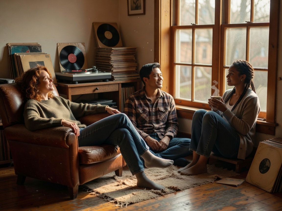 Friends sitting relaxed near a window with vinyl records playing in the background