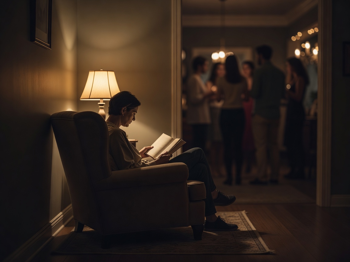 A person sitting in a quiet, softly lit corner reading a book while a gathering happens distantly