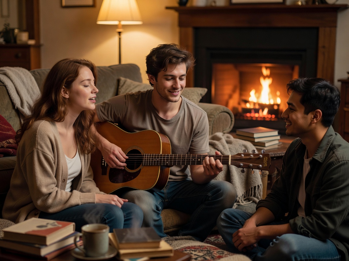 A small group of friends enjoying a casual acoustic guitar session in a cozy living room